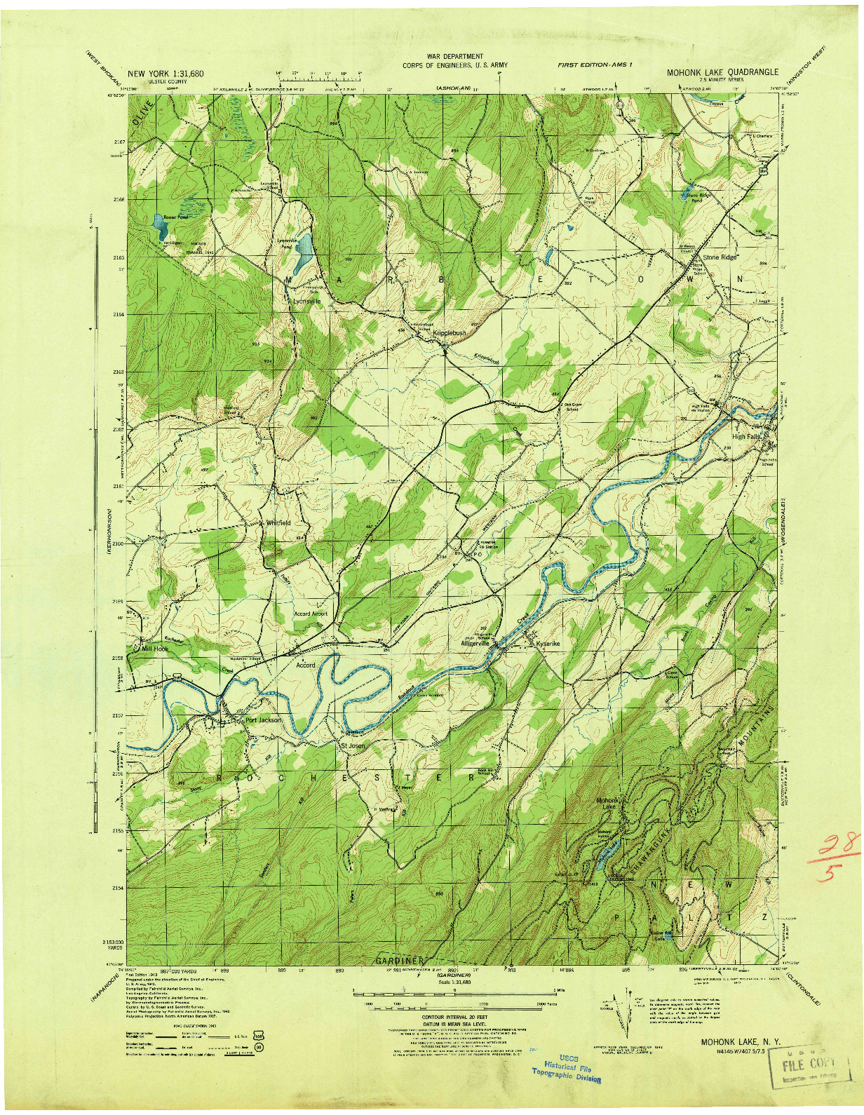 USGS 1:31680-SCALE QUADRANGLE FOR MOHONK LAKE, NY 1943