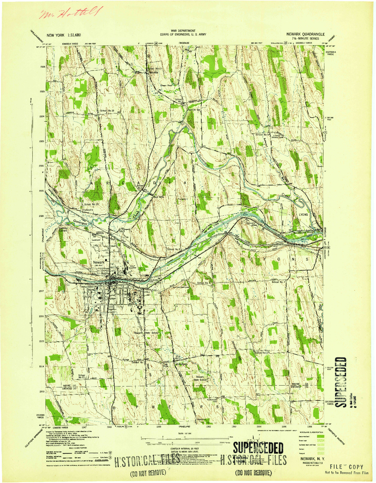 USGS 1:31680-SCALE QUADRANGLE FOR NEWARK, NY 1943