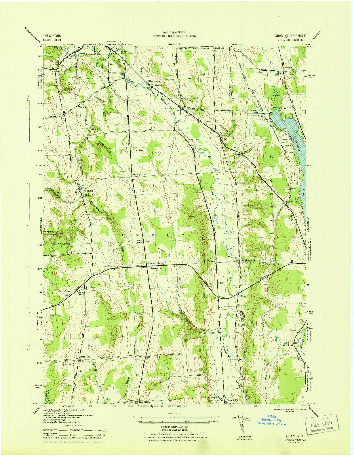 USGS 1:31680-SCALE QUADRANGLE FOR ORAN, NY 1943