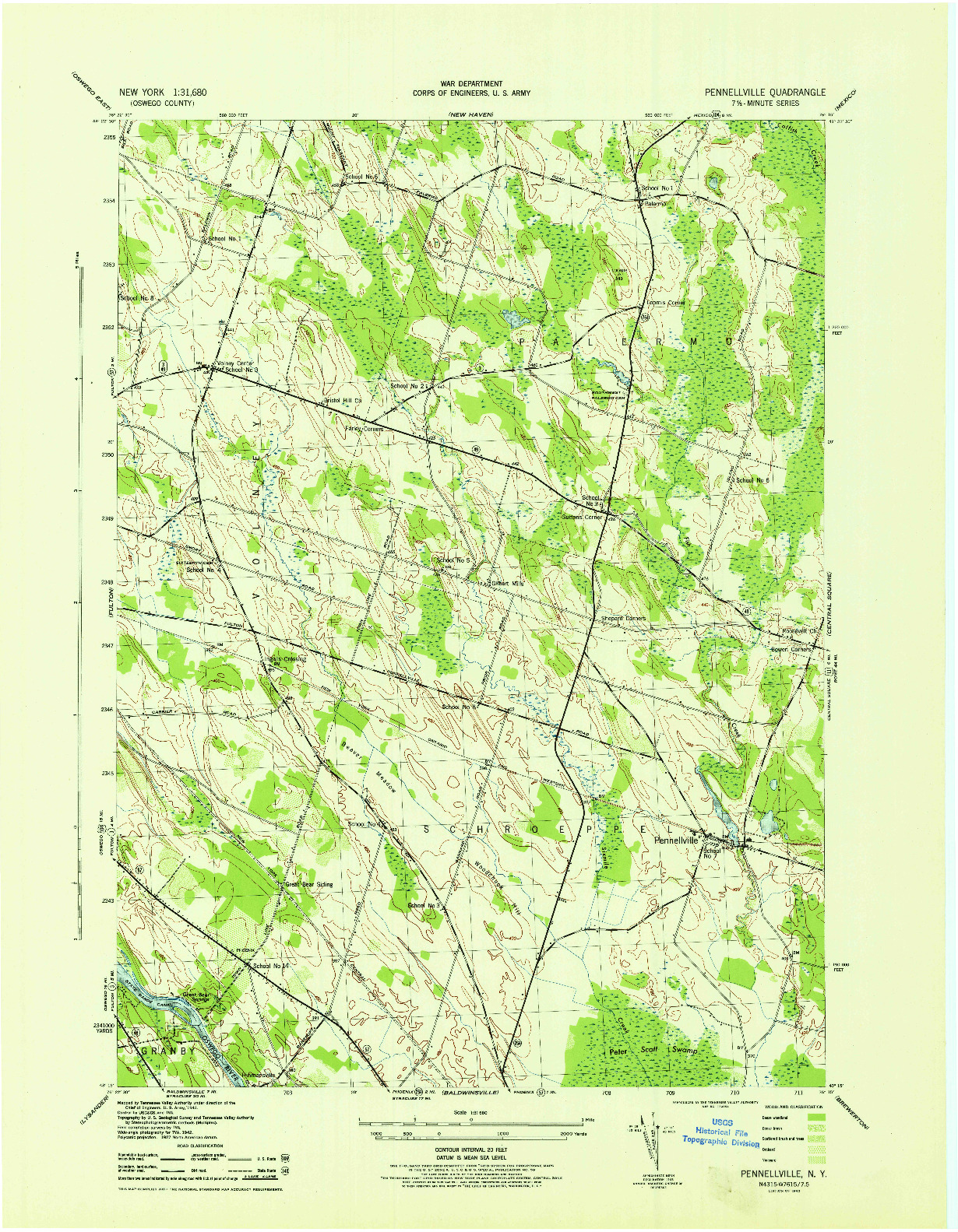 USGS 1:31680-SCALE QUADRANGLE FOR PENNELLVILLE, NY 1943