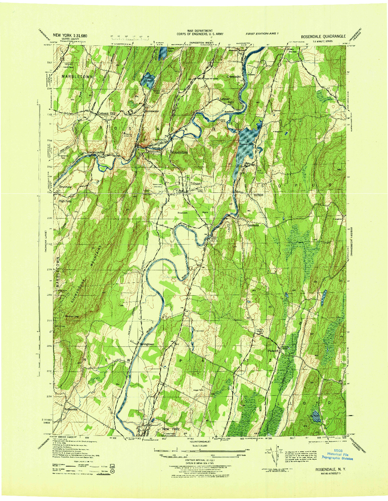 USGS 1:31680-SCALE QUADRANGLE FOR ROSENDALE, NY 1943