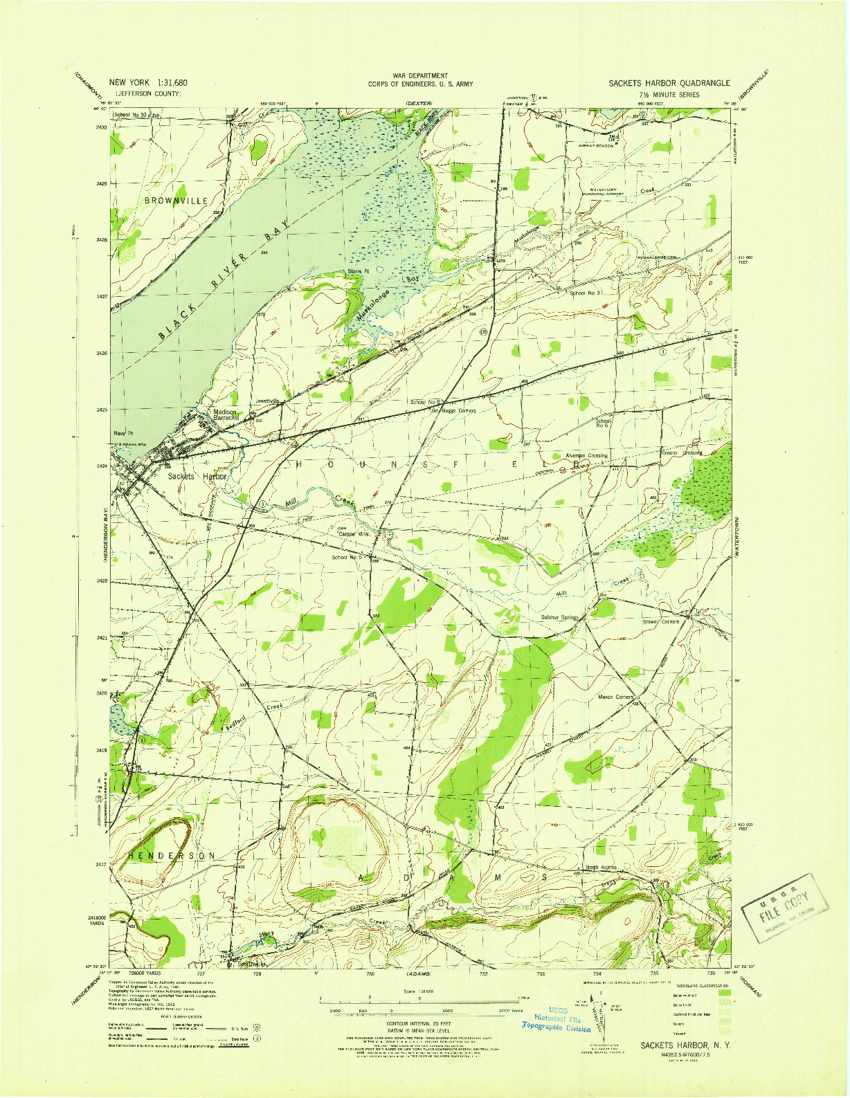 USGS 1:31680-SCALE QUADRANGLE FOR SACKETS HARBOR, NY 1943