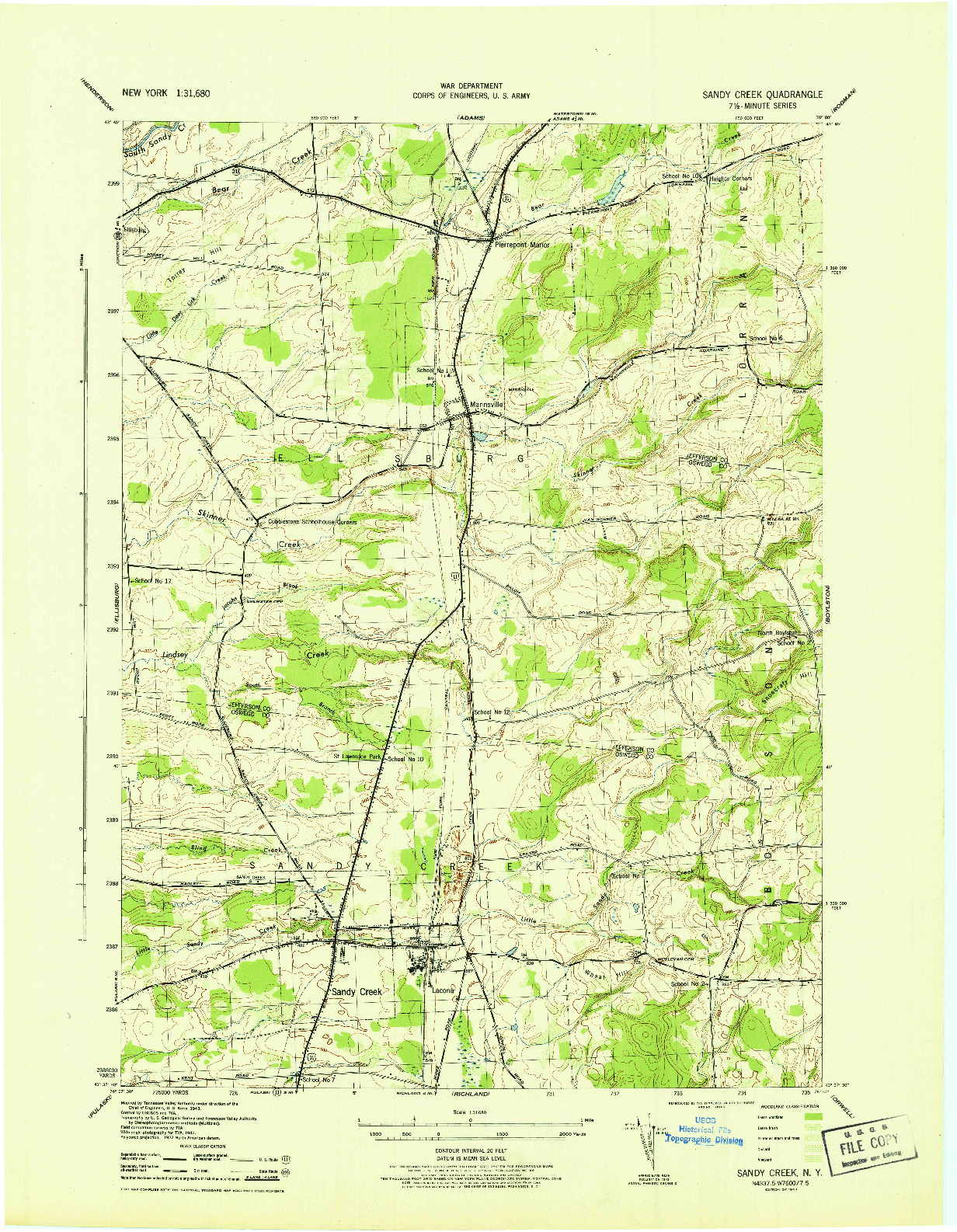 USGS 1:31680-SCALE QUADRANGLE FOR SANDY CREEK, NY 1943