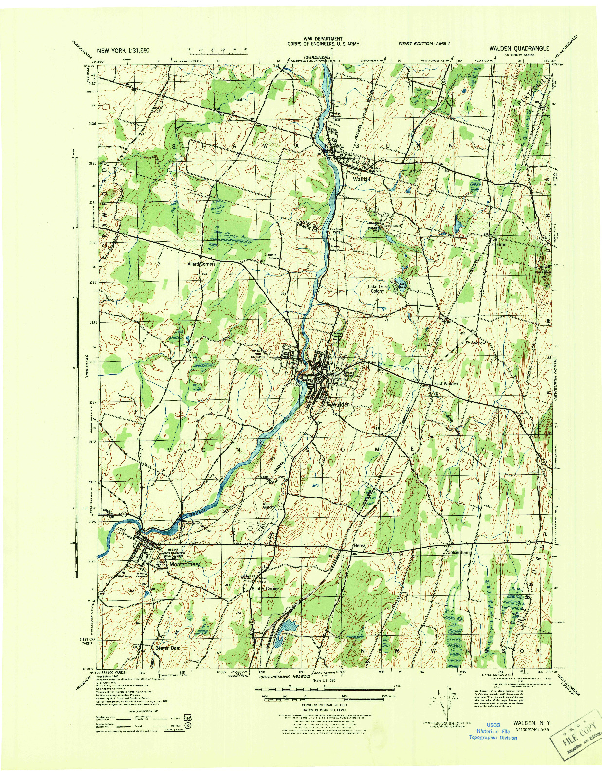 USGS 1:31680-SCALE QUADRANGLE FOR WALDEN, NY 1943