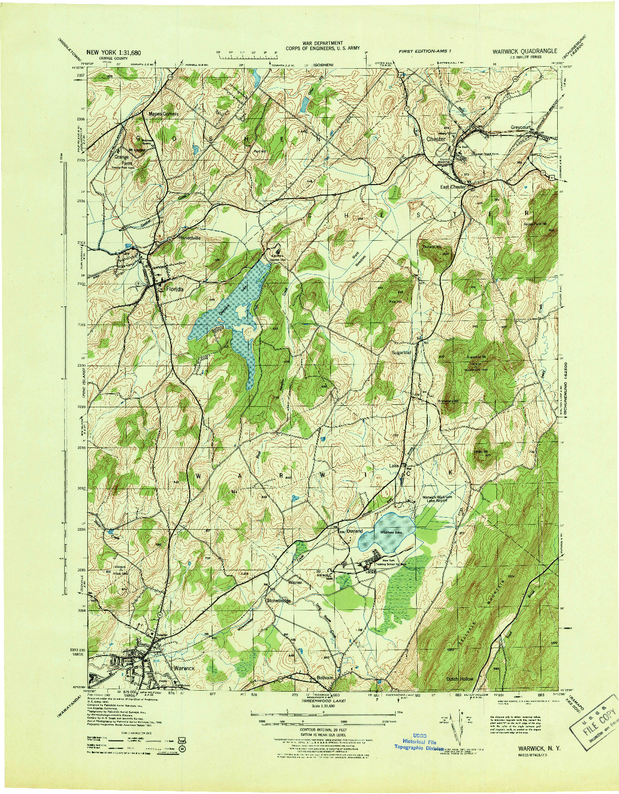 USGS 1:31680-SCALE QUADRANGLE FOR WARWICK, NY 1943