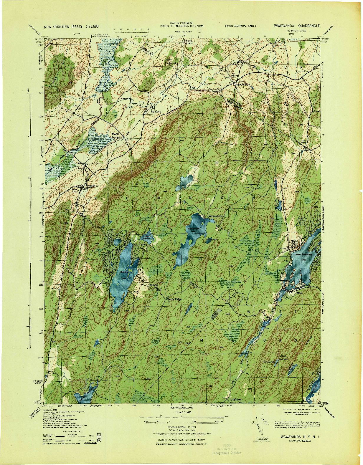 USGS 1:31680-SCALE QUADRANGLE FOR WAWAYANDA, NY 1943