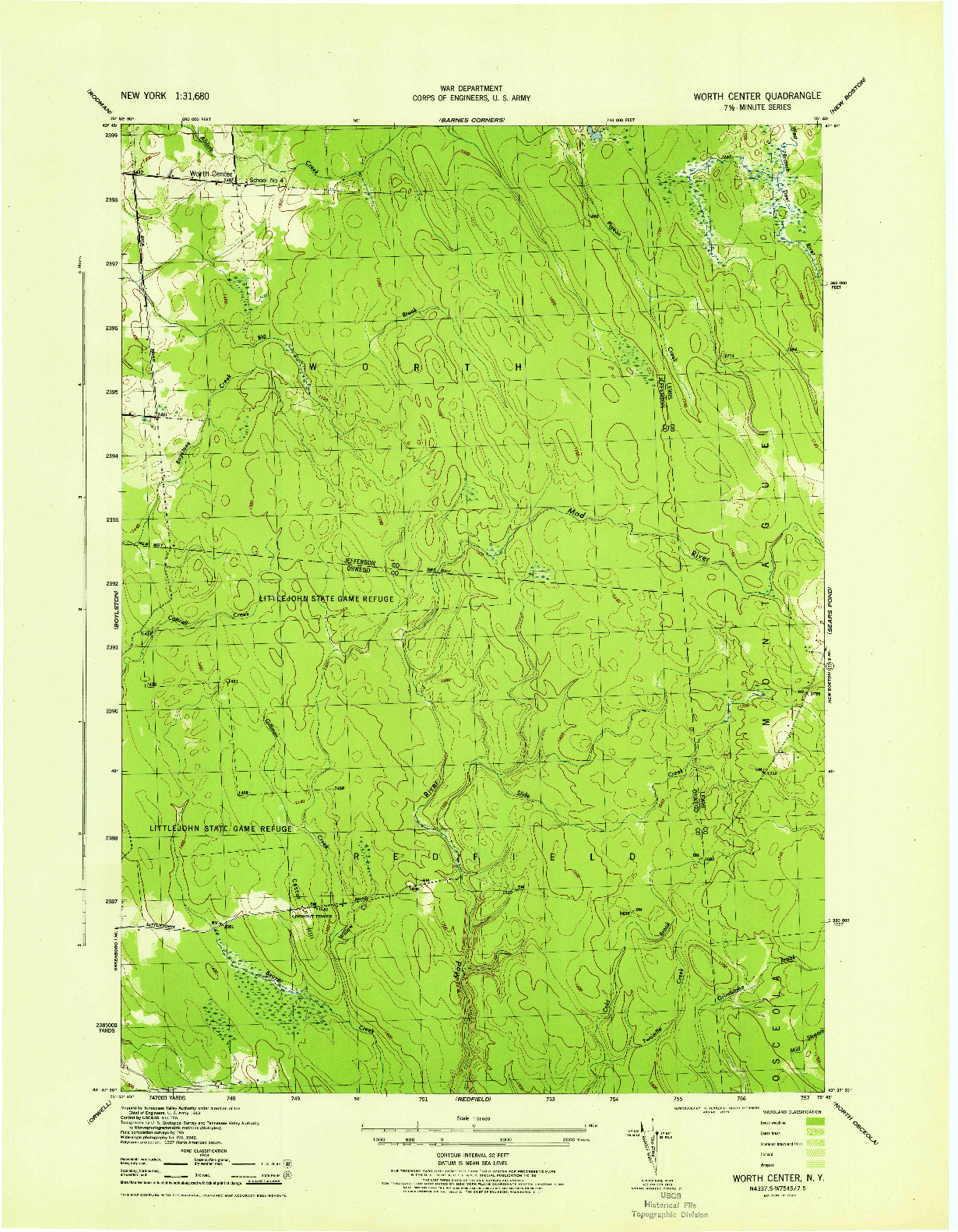 USGS 1:31680-SCALE QUADRANGLE FOR WORTH CENTER, NY 1943