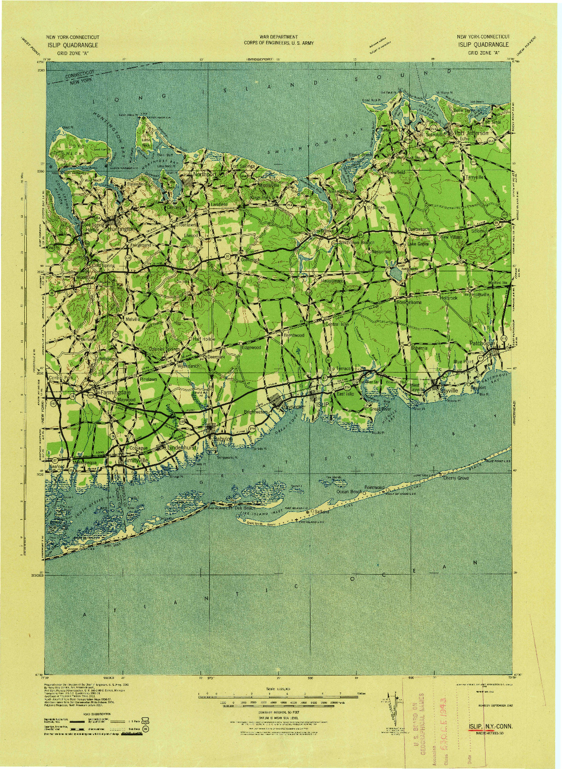 USGS 1:125000-SCALE QUADRANGLE FOR ISLIP, NY 1942
