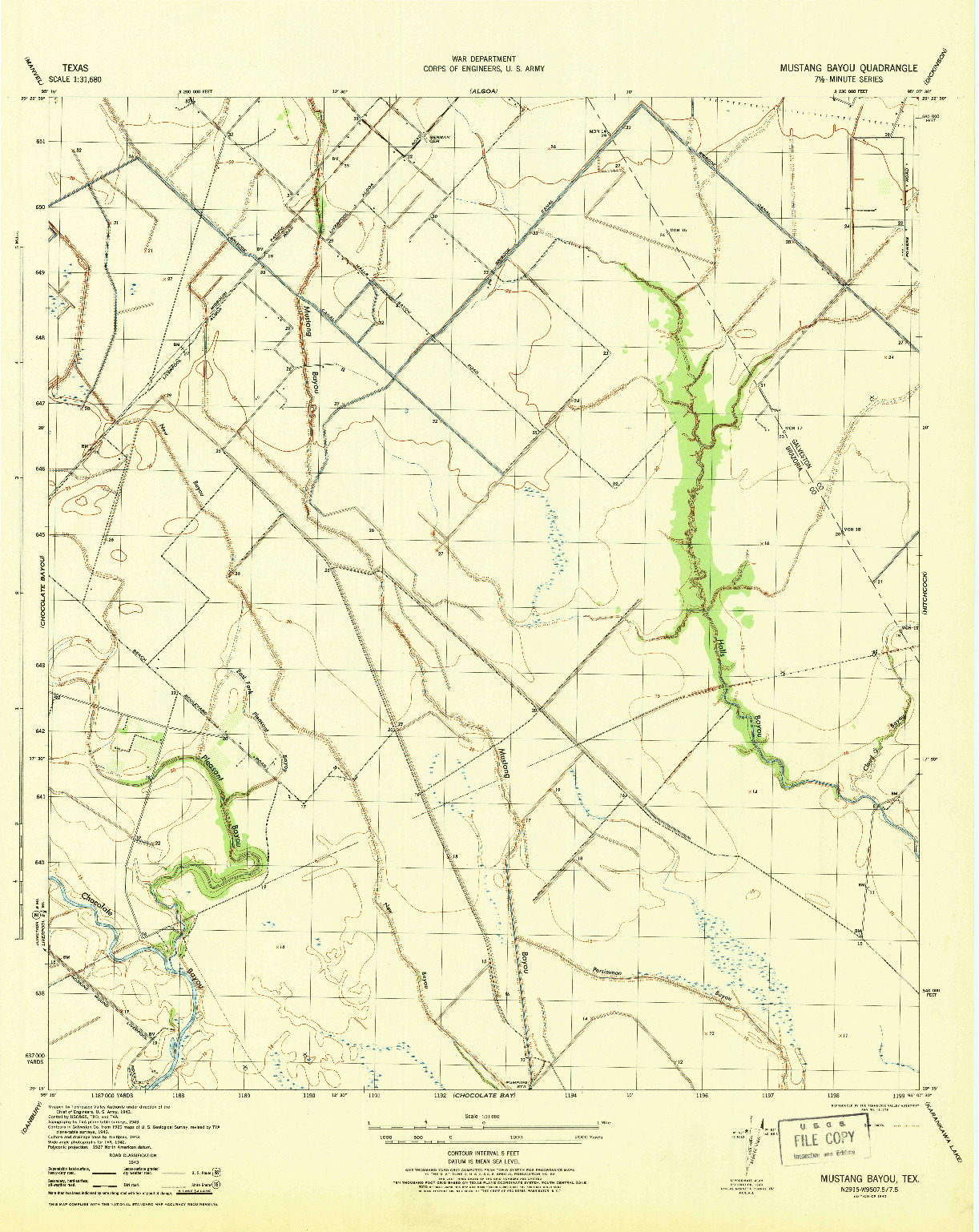 USGS 1:31680-SCALE QUADRANGLE FOR MUSTANG BAYOU, TX 1943