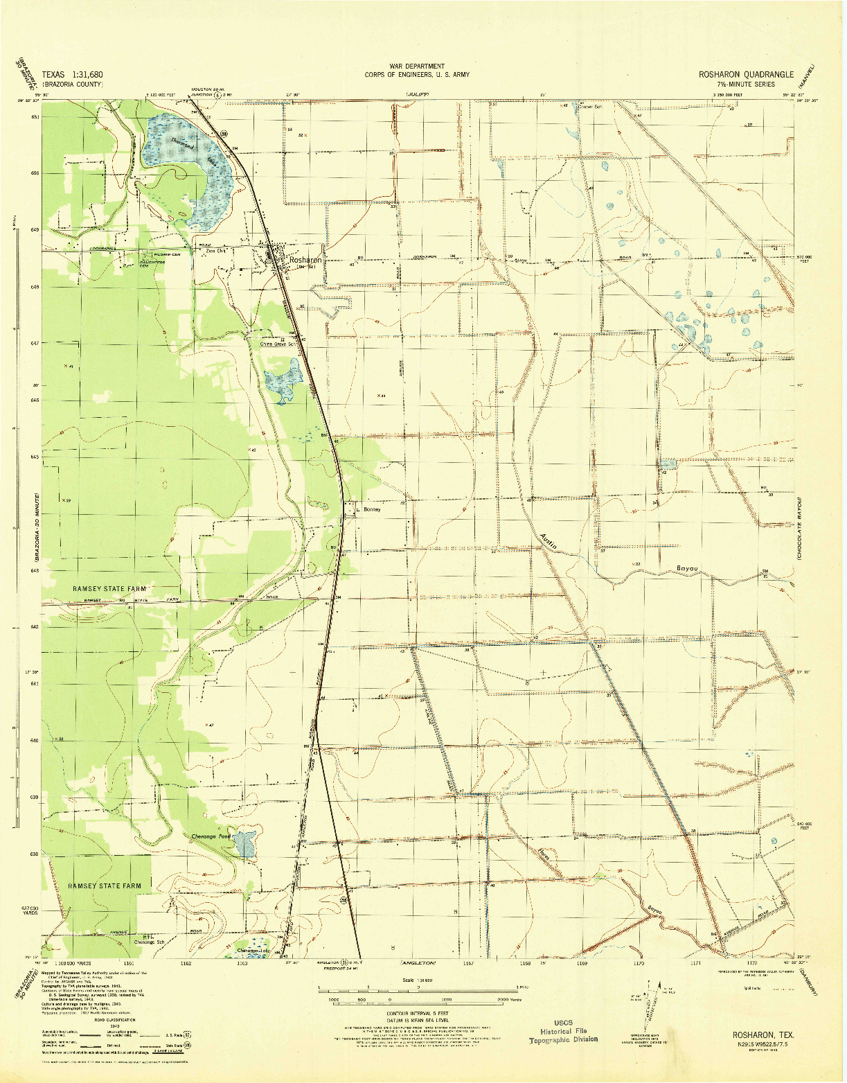 USGS 1:31680-SCALE QUADRANGLE FOR ROSHARON, TX 1943