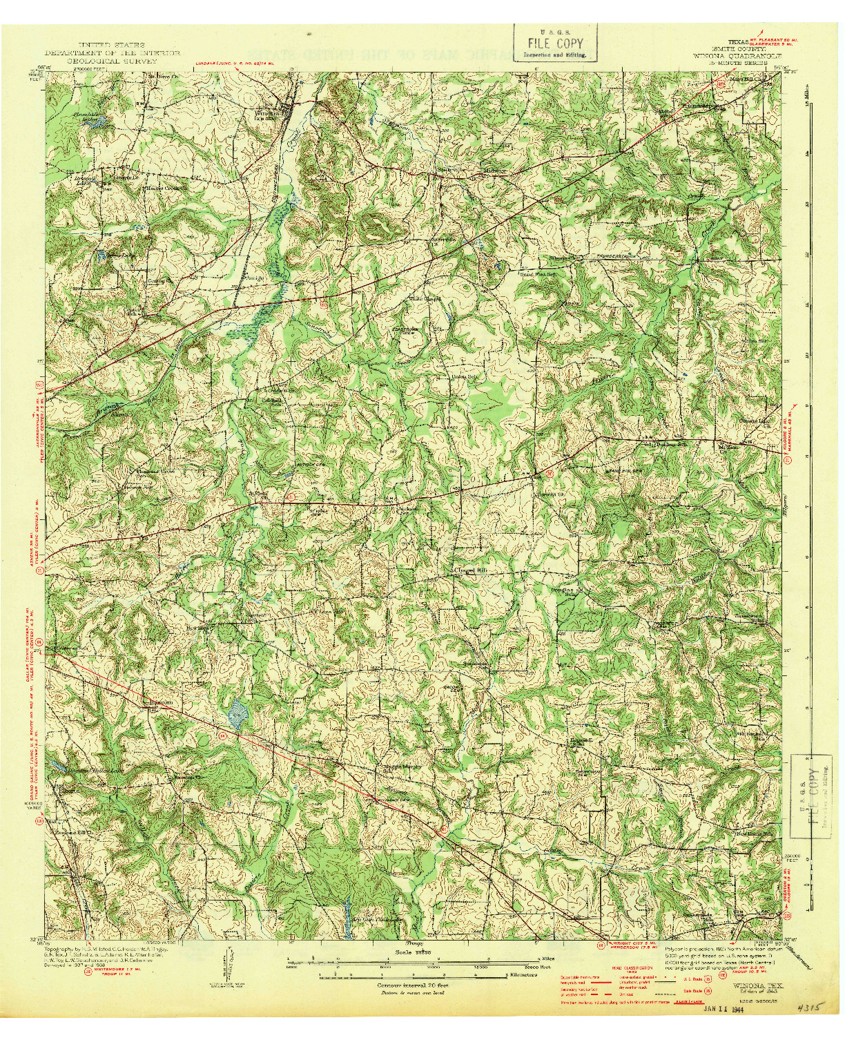 USGS 1:62500-SCALE QUADRANGLE FOR WINONA, TX 1943