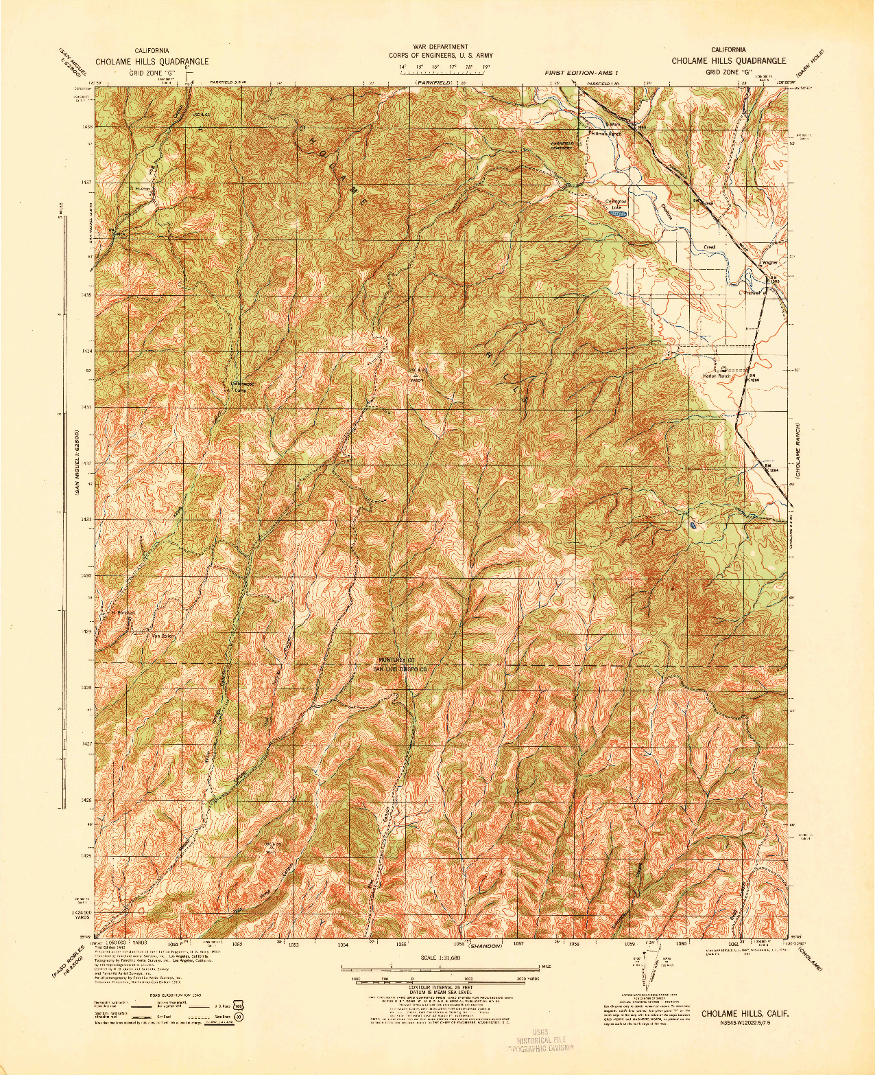 USGS 1:31680-SCALE QUADRANGLE FOR CHOLAME HILLS, CA 1943