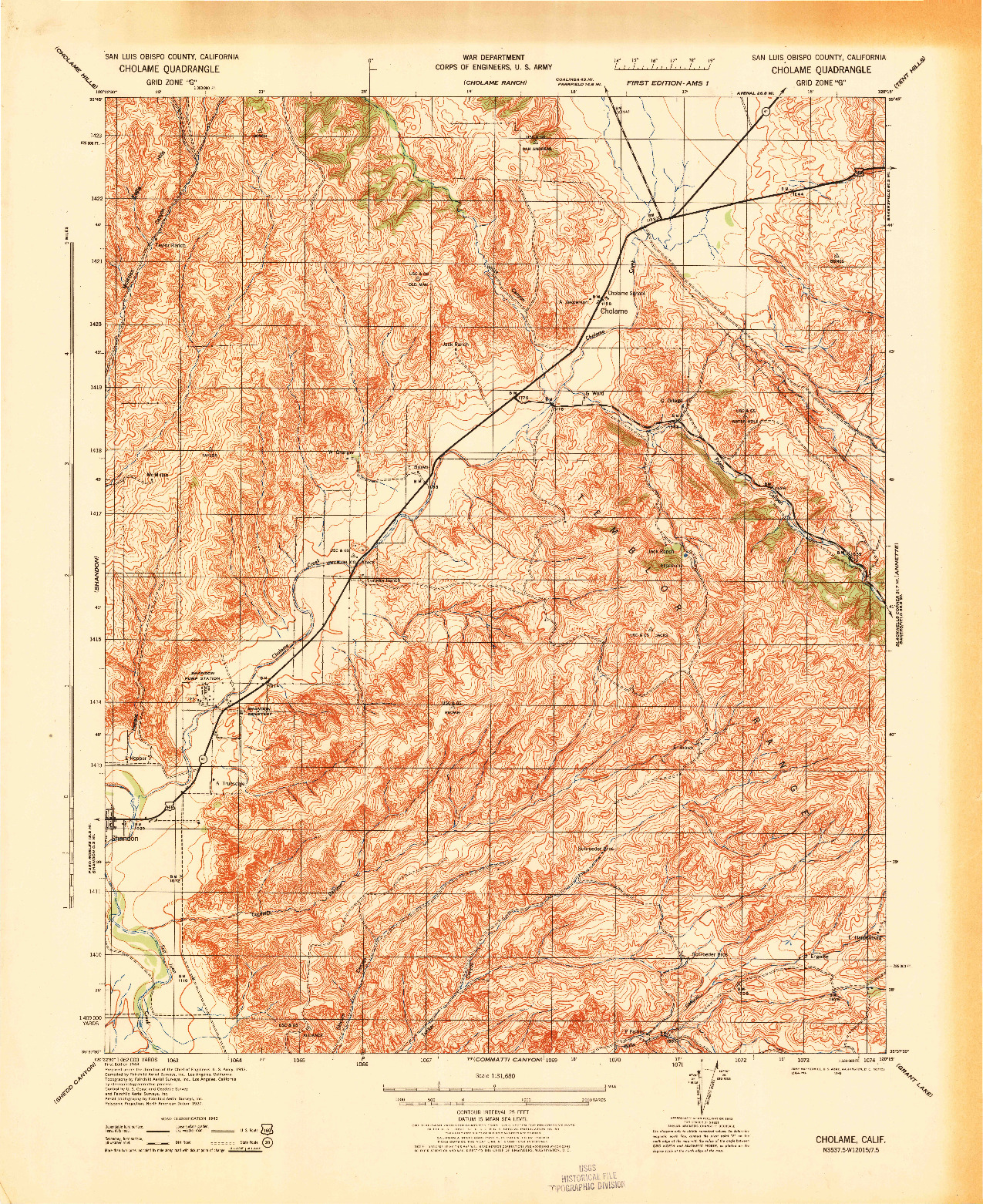 USGS 1:31680-SCALE QUADRANGLE FOR CHOLAME, CA 1943