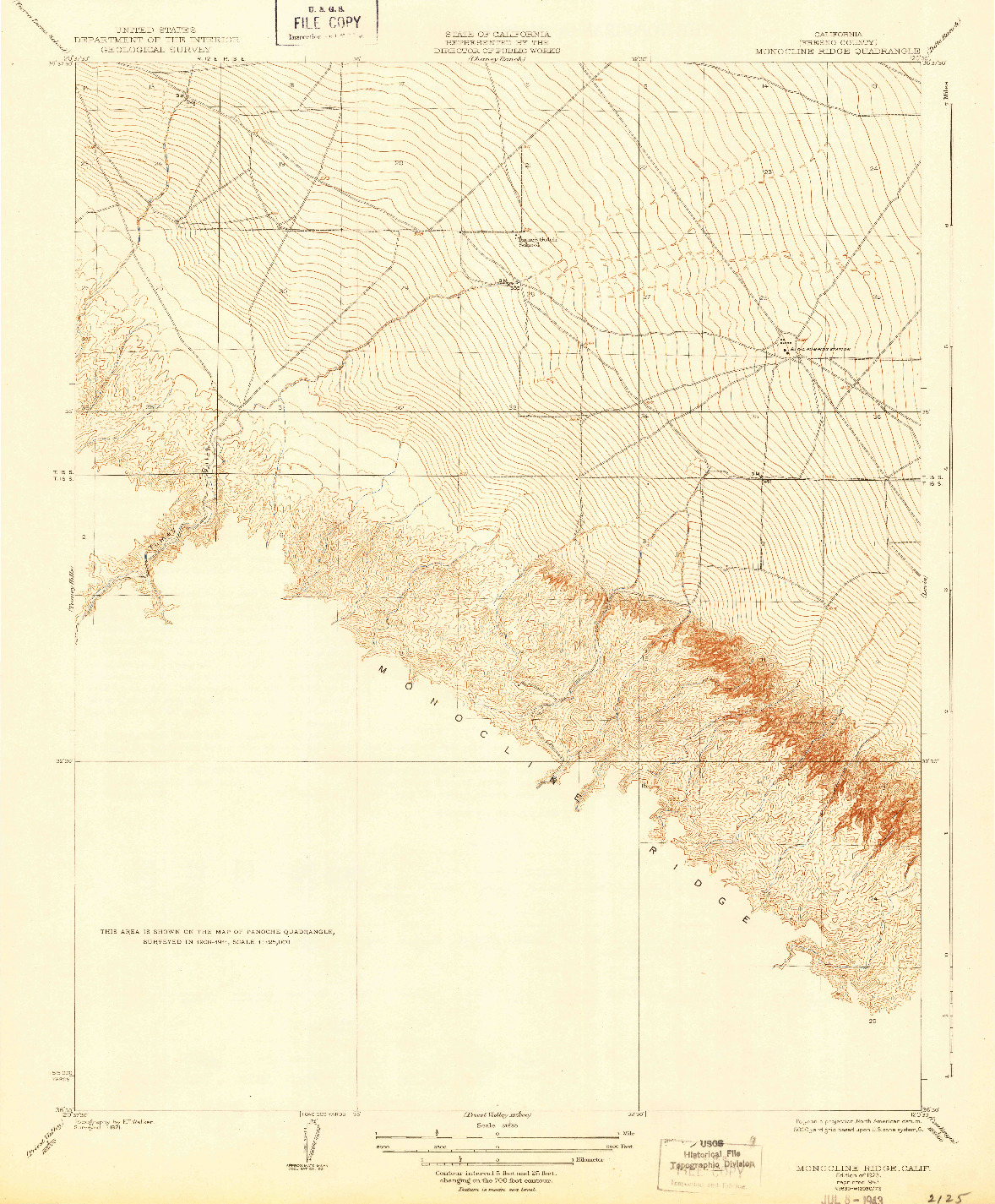 USGS 1:31680-SCALE QUADRANGLE FOR MONOCLINE RIDGE, CA 1923