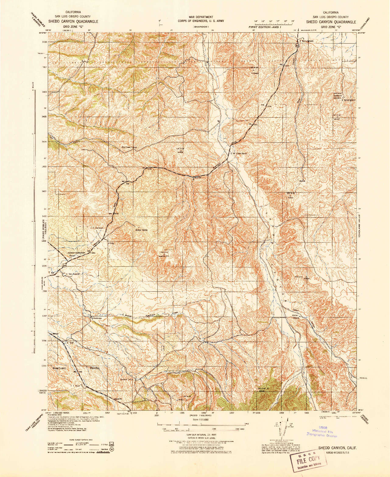USGS 1:31680-SCALE QUADRANGLE FOR SHEDD CANYON, CA 1943