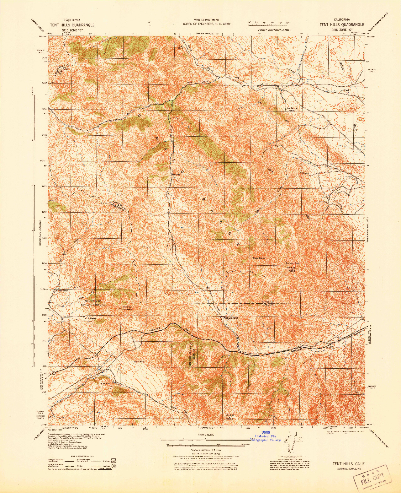 USGS 1:31680-SCALE QUADRANGLE FOR TENT HILLS, CA 1943