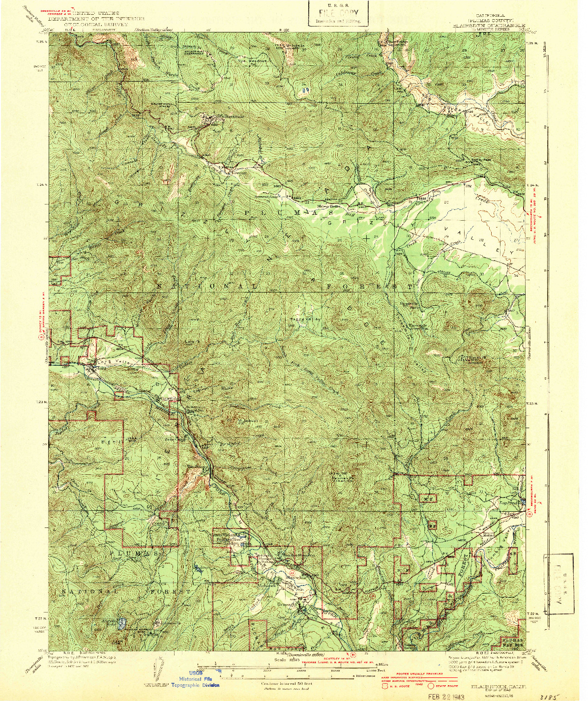 USGS 1:62500-SCALE QUADRANGLE FOR BLAIRSDEN, CA 1943