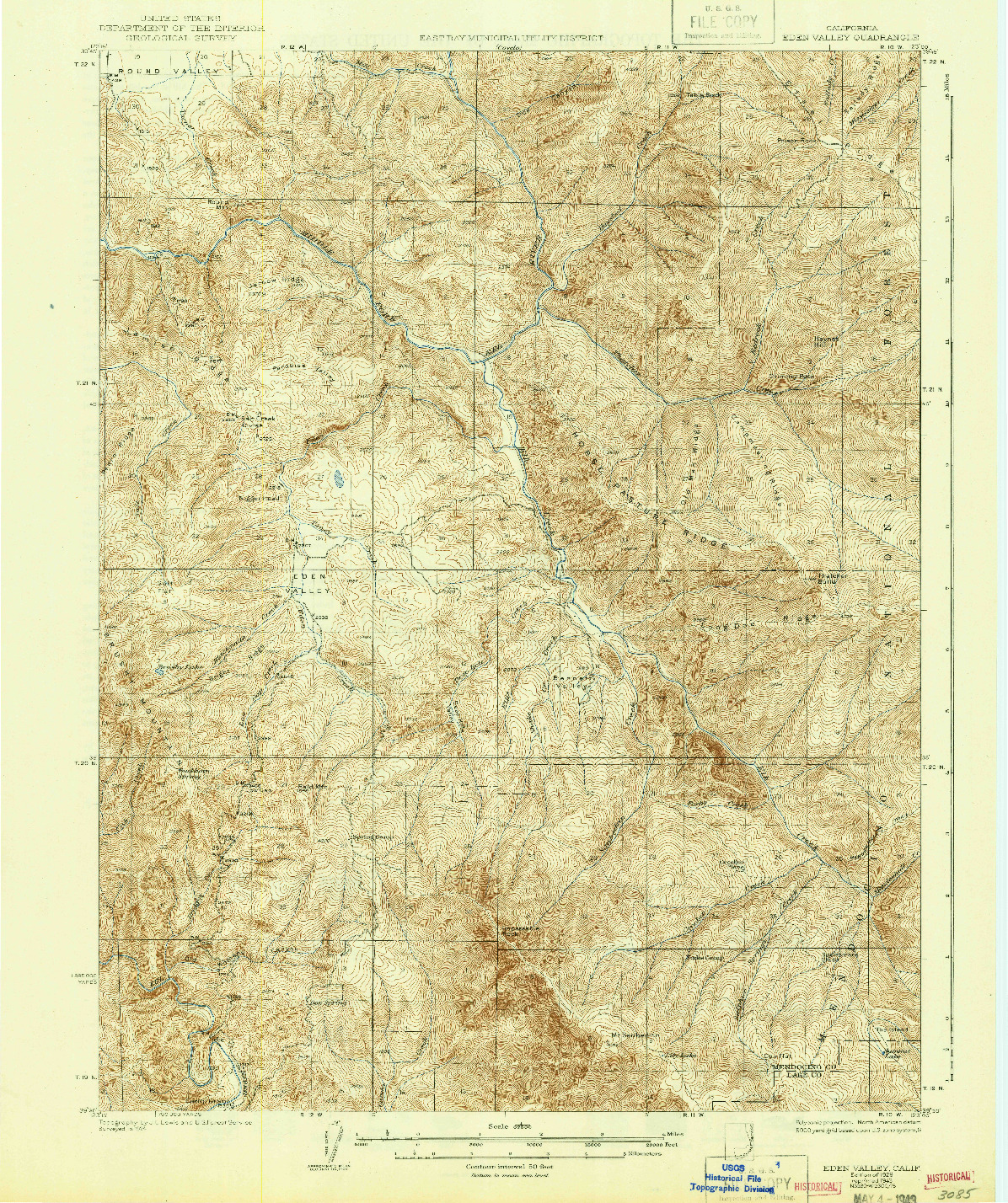 USGS 1:62500-SCALE QUADRANGLE FOR EDEN VALLEY, CA 1929