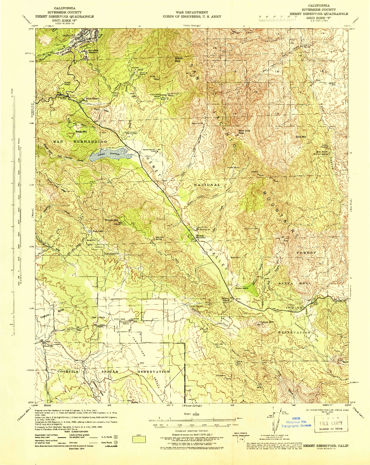 USGS 1:62500-SCALE QUADRANGLE FOR HEMET RESERVOIR, CA 1942