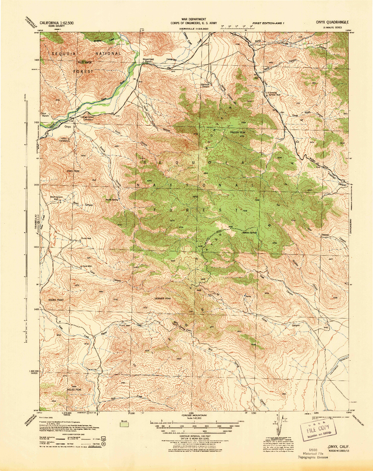 USGS 1:62500-SCALE QUADRANGLE FOR ONYX, CA 1943