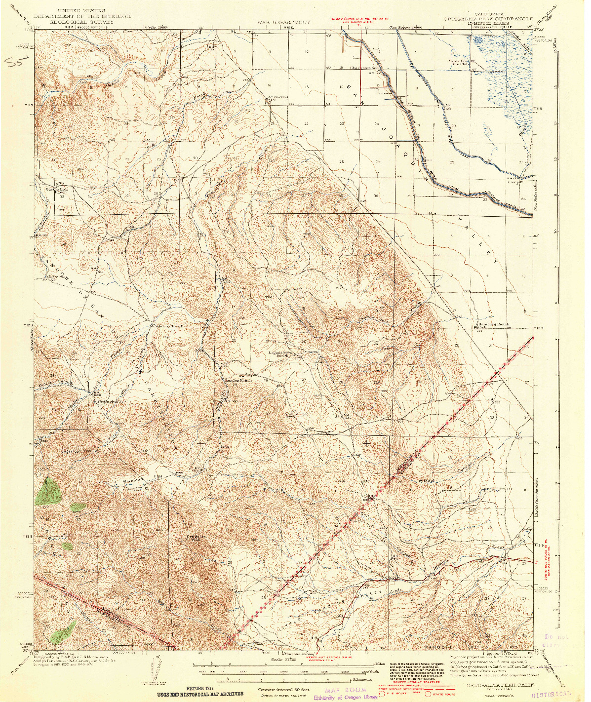 USGS 1:62500-SCALE QUADRANGLE FOR ORTIGALITA PEAK, CA 1943