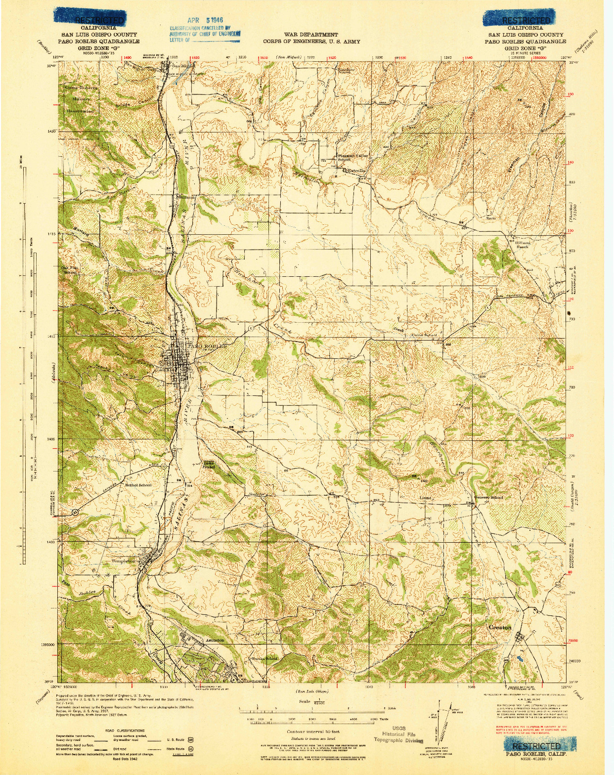 USGS 1:62500-SCALE QUADRANGLE FOR PASO ROBLES, CA 1943