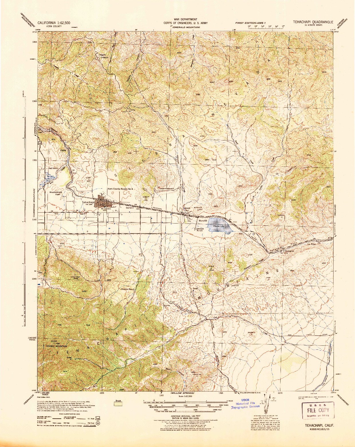 USGS 1:62500-SCALE QUADRANGLE FOR TEHACHAPI, CA 1943