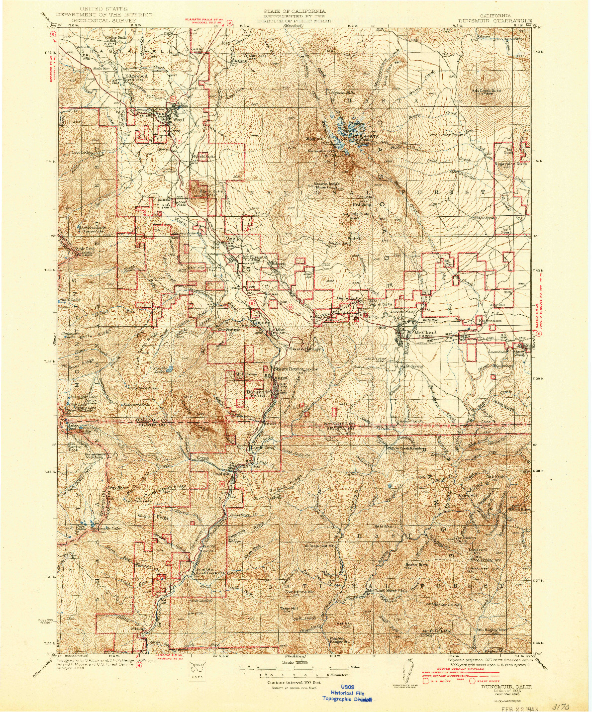 USGS 1:125000-SCALE QUADRANGLE FOR DUNSMUIR, CA 1935