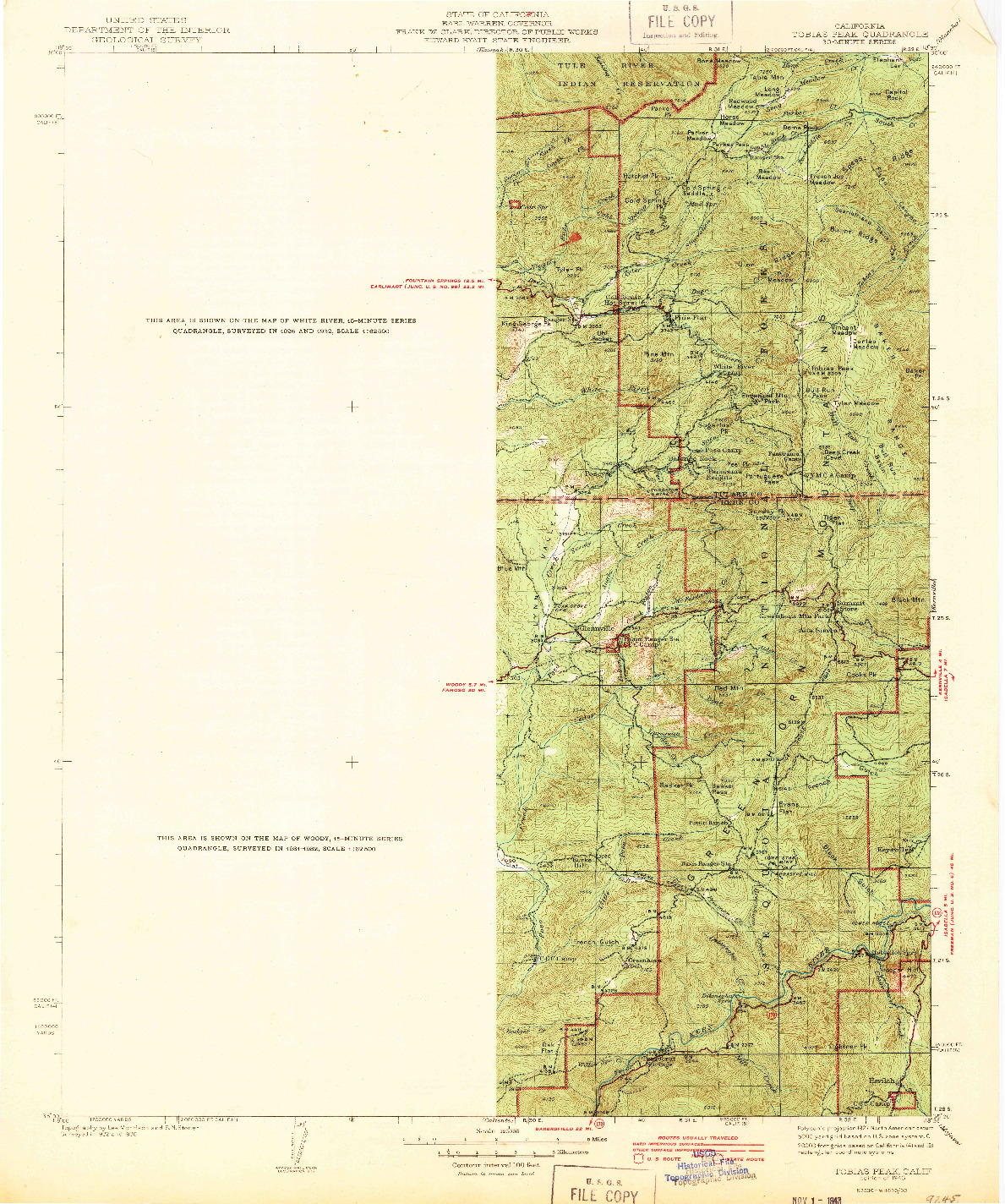USGS 1:125000-SCALE QUADRANGLE FOR TOBIAS PEAK, CA 1943