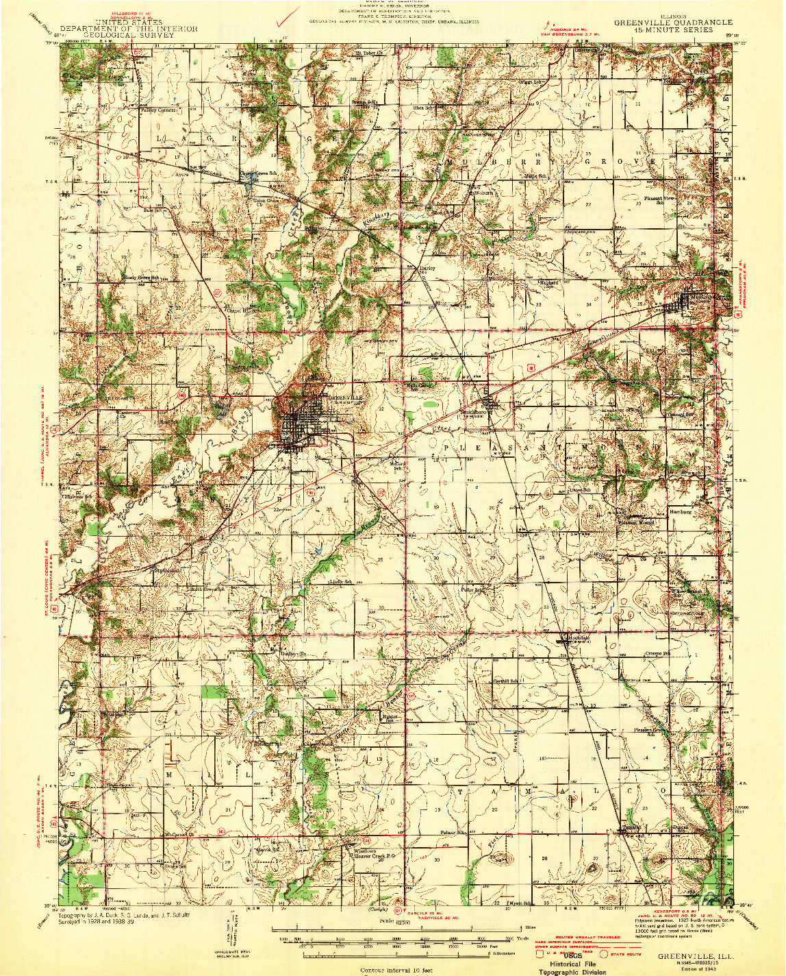 USGS 1:62500-SCALE QUADRANGLE FOR GREENVILLE, IL 1943