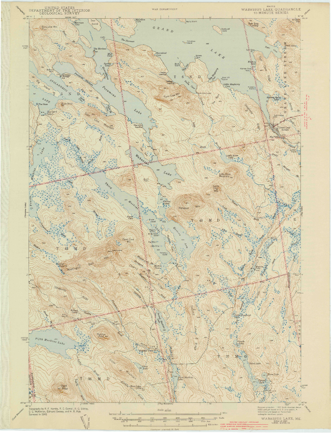 USGS 1:62500-SCALE QUADRANGLE FOR WABASSUS LAKE, ME 1943