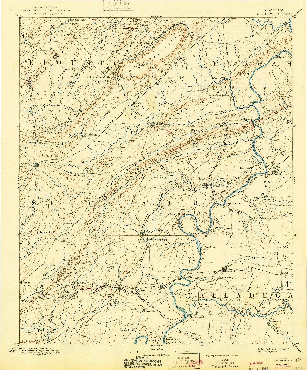 USGS 1:125000-SCALE QUADRANGLE FOR SPRINGVILLE, AL 1892