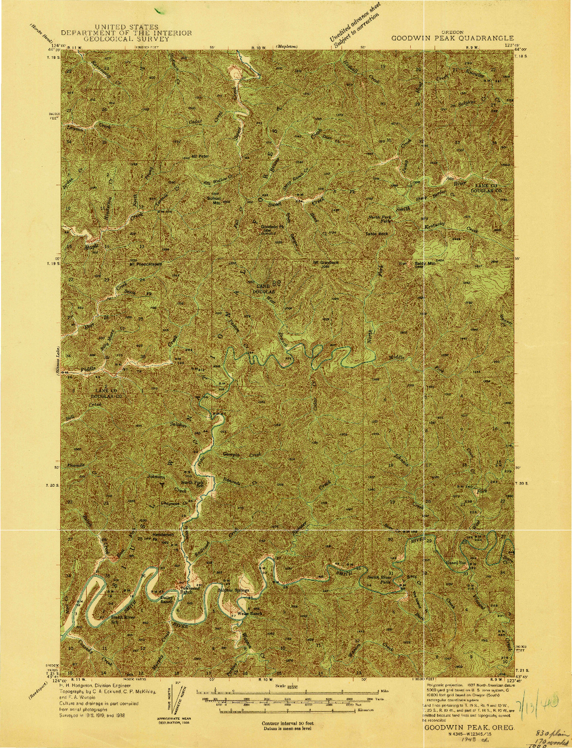 USGS 1:62500-SCALE QUADRANGLE FOR GOODWIN PEAK, OR 1943