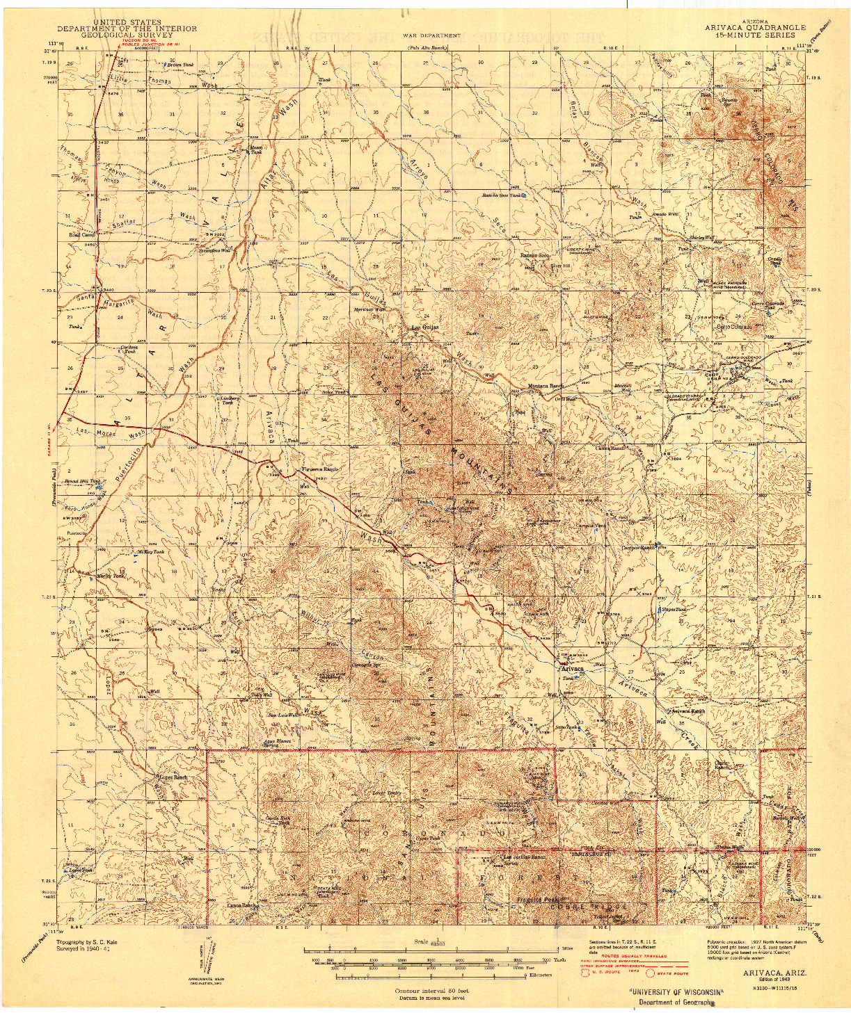 USGS 1:62500-SCALE QUADRANGLE FOR ARIVACA, AZ 1943