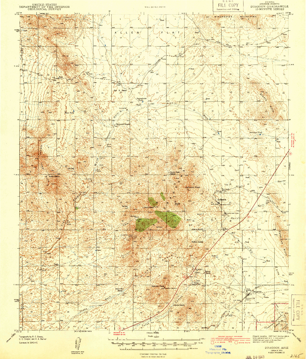 USGS 1:62500-SCALE QUADRANGLE FOR DRAGOON, AZ 1943