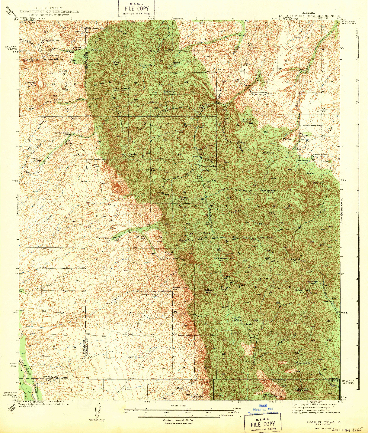 USGS 1:62500-SCALE QUADRANGLE FOR GALIURO MTS, AZ 1943