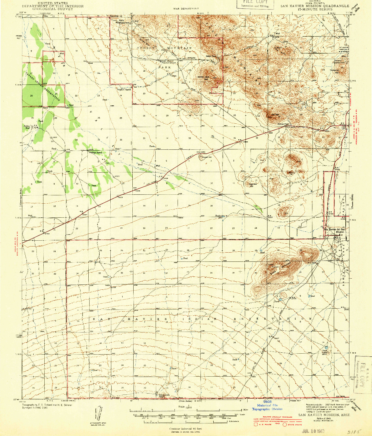 USGS 1:62500-SCALE QUADRANGLE FOR SAN XAVIER MISSION, AZ 1943