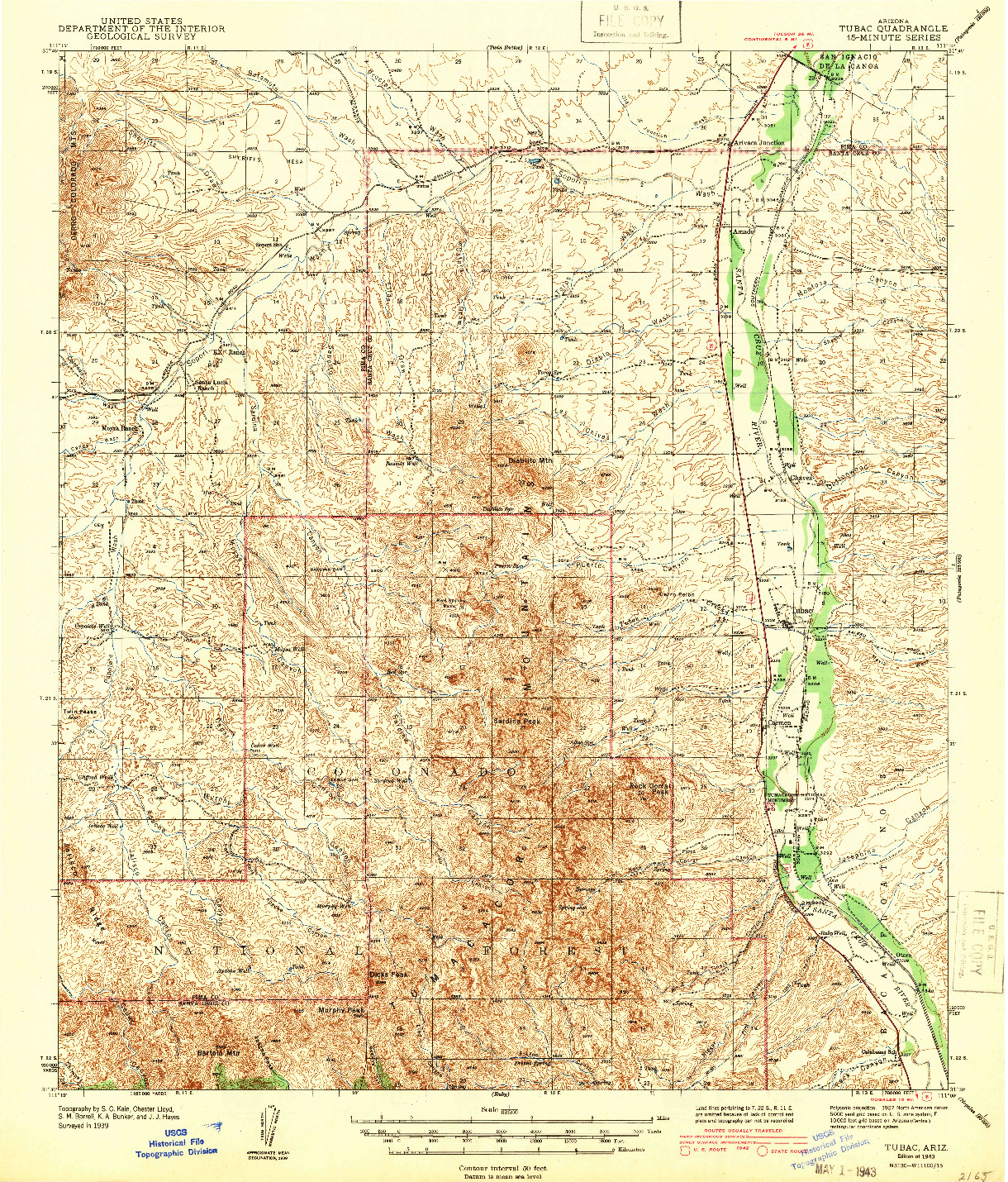 USGS 1:62500-SCALE QUADRANGLE FOR TUBAC, AZ 1943