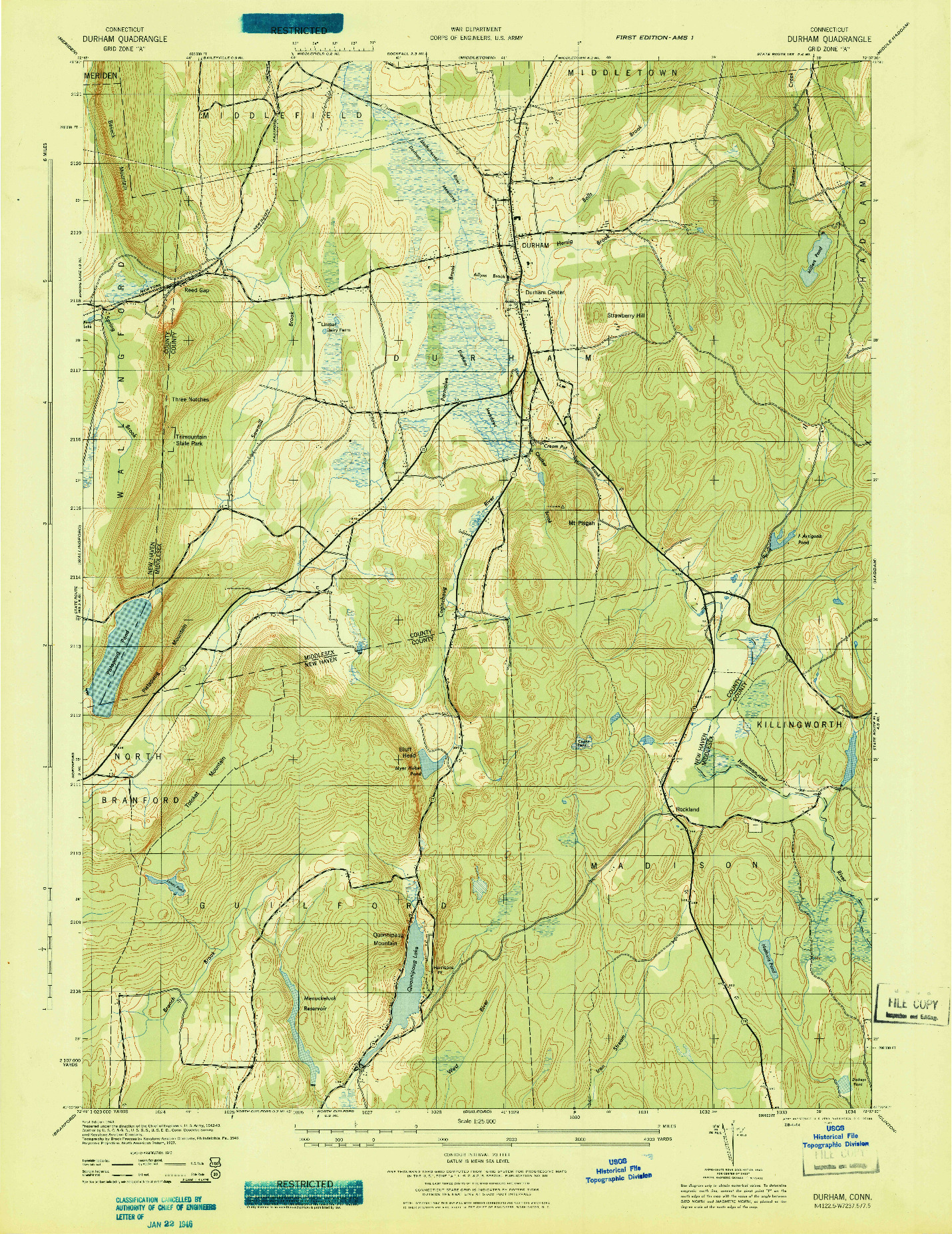 USGS 1:25000-SCALE QUADRANGLE FOR DURHAM, CT 1943
