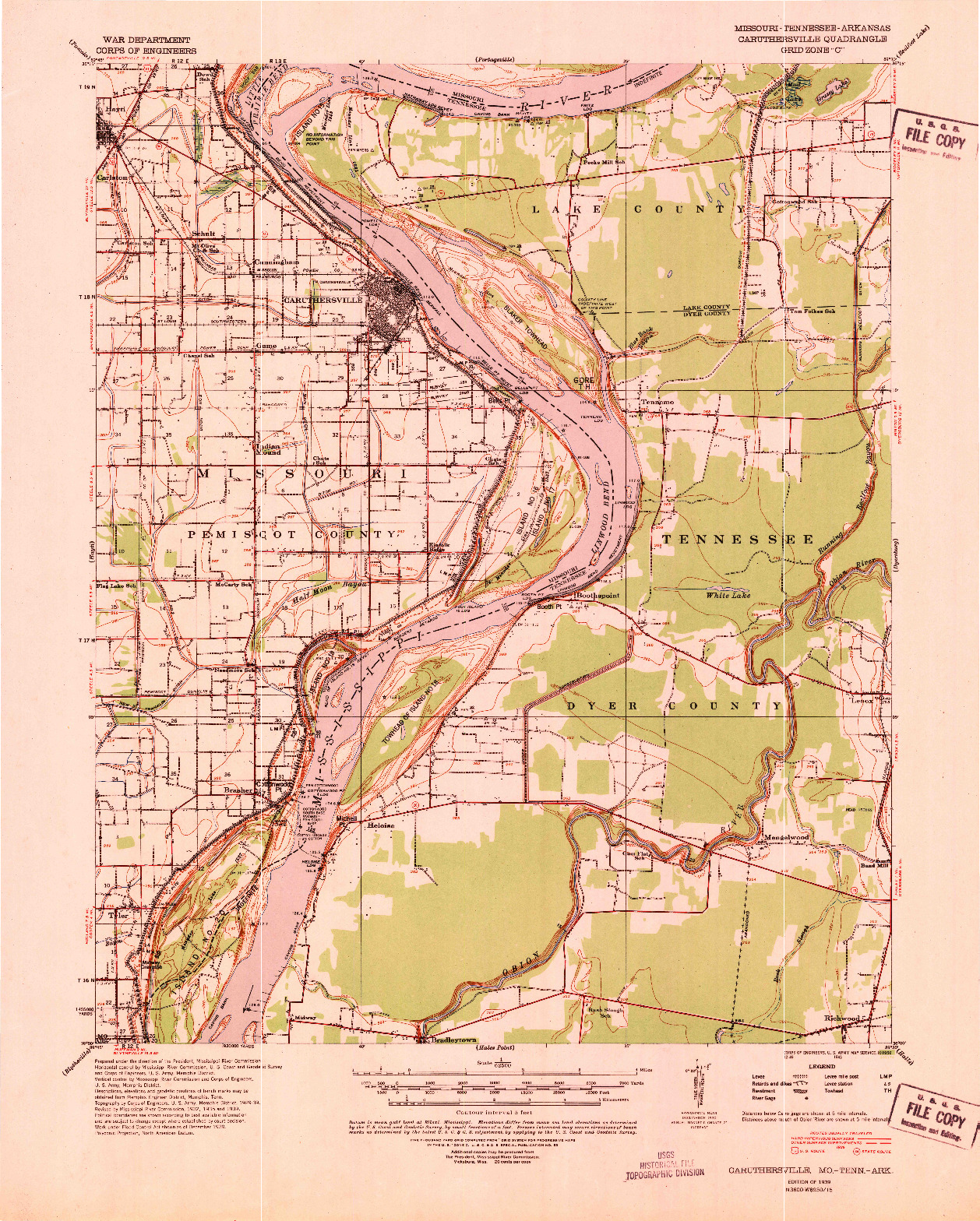 USGS 1:62500-SCALE QUADRANGLE FOR CARUTHERSVILLE, MO 1939