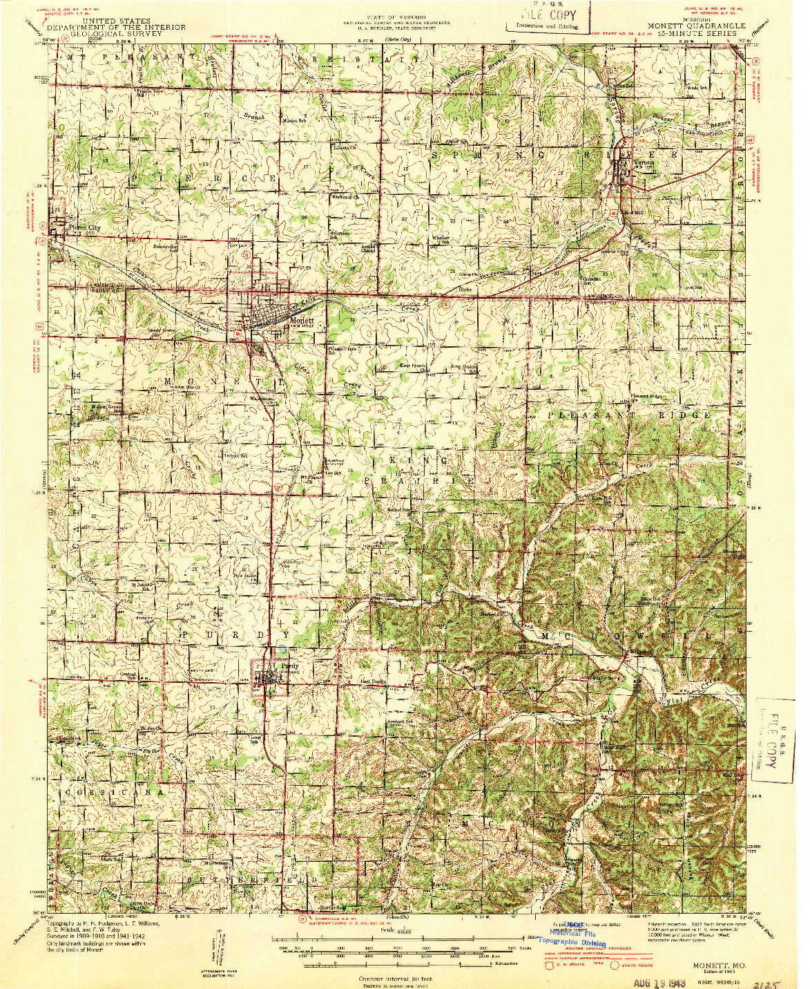 USGS 1:62500-SCALE QUADRANGLE FOR MONETT, MO 1943
