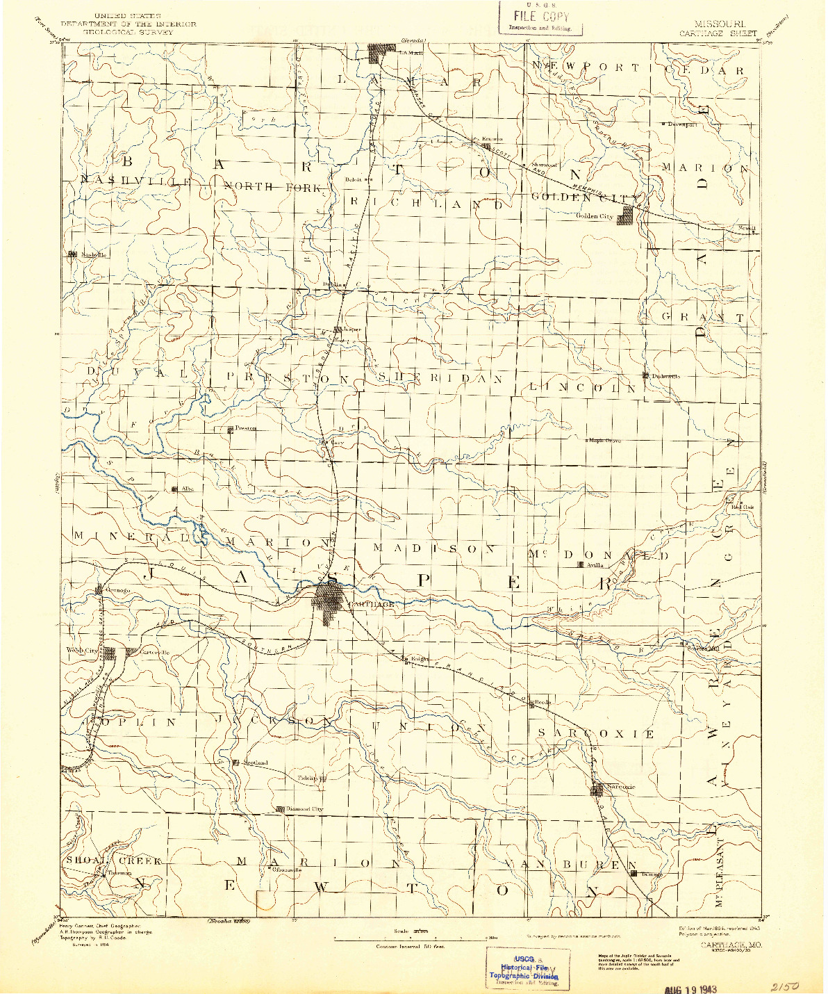 USGS 1:125000-SCALE QUADRANGLE FOR CARTHAGE, MO 1894