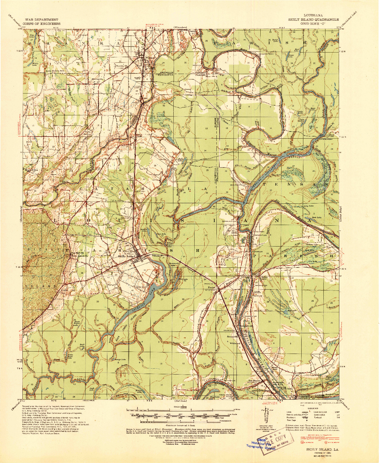 USGS 1:62500-SCALE QUADRANGLE FOR SICILY ISLAND, LA 1941