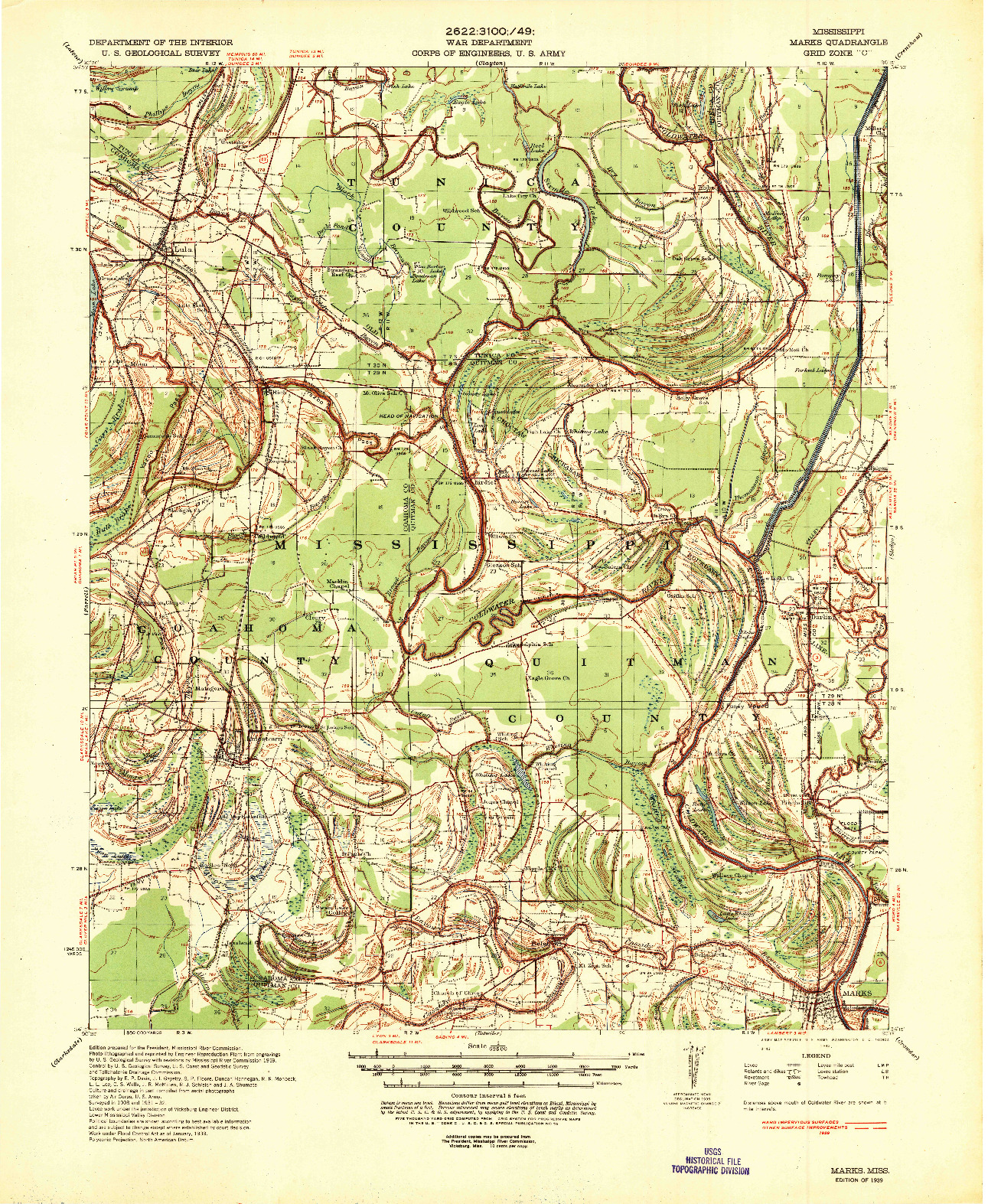 USGS 1:62500-SCALE QUADRANGLE FOR MARKS, MS 1939