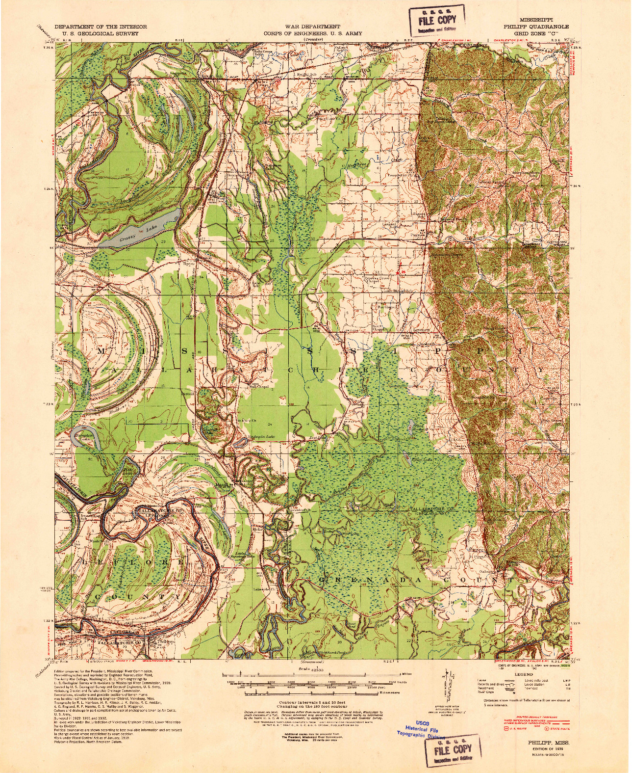 USGS 1:62500-SCALE QUADRANGLE FOR PHILIPP, MS 1939
