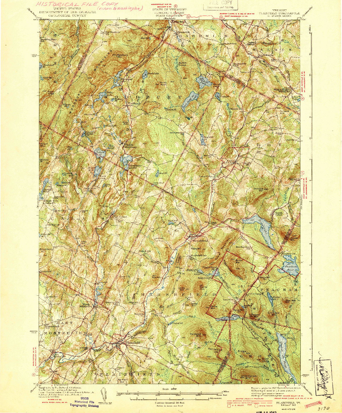 USGS 1:62500-SCALE QUADRANGLE FOR PLAINFIELD, VT 1943