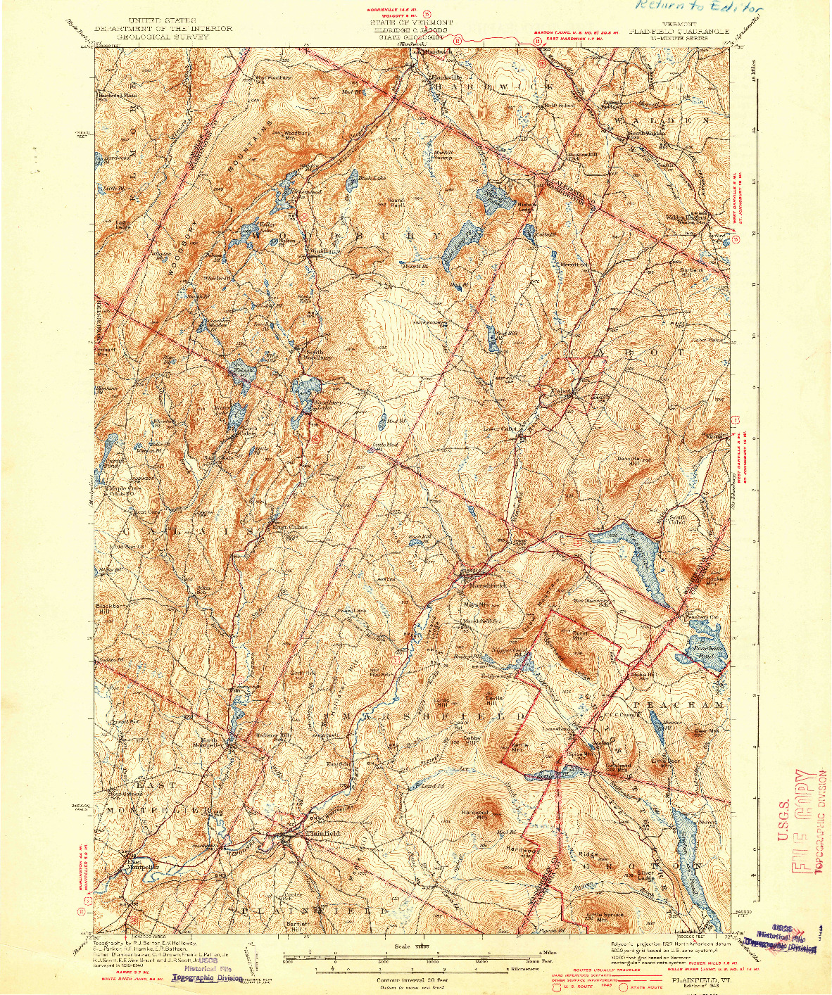 USGS 1:62500-SCALE QUADRANGLE FOR PLAINFIELD, VT 1943