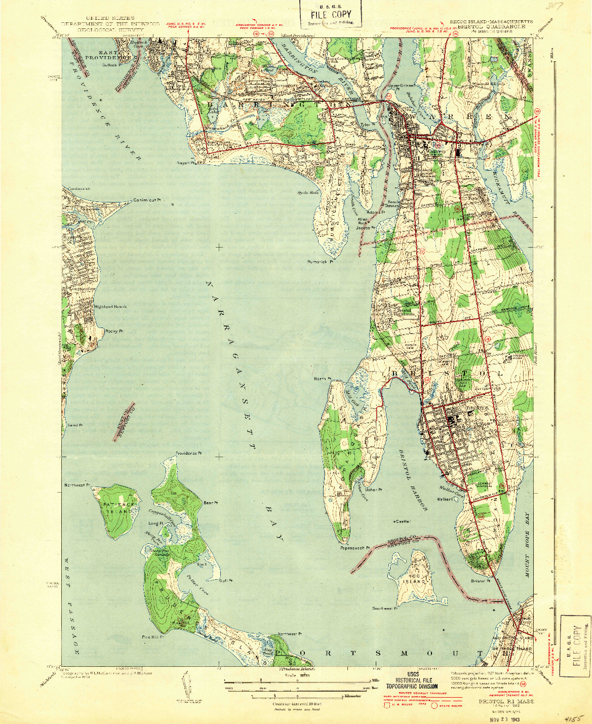 USGS 1:31680-SCALE QUADRANGLE FOR BRISTOL, RI 1943