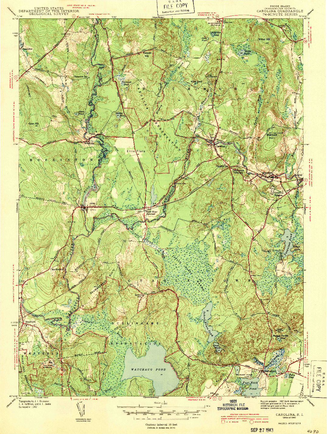 USGS 1:31680-SCALE QUADRANGLE FOR CAROLINA, RI 1943