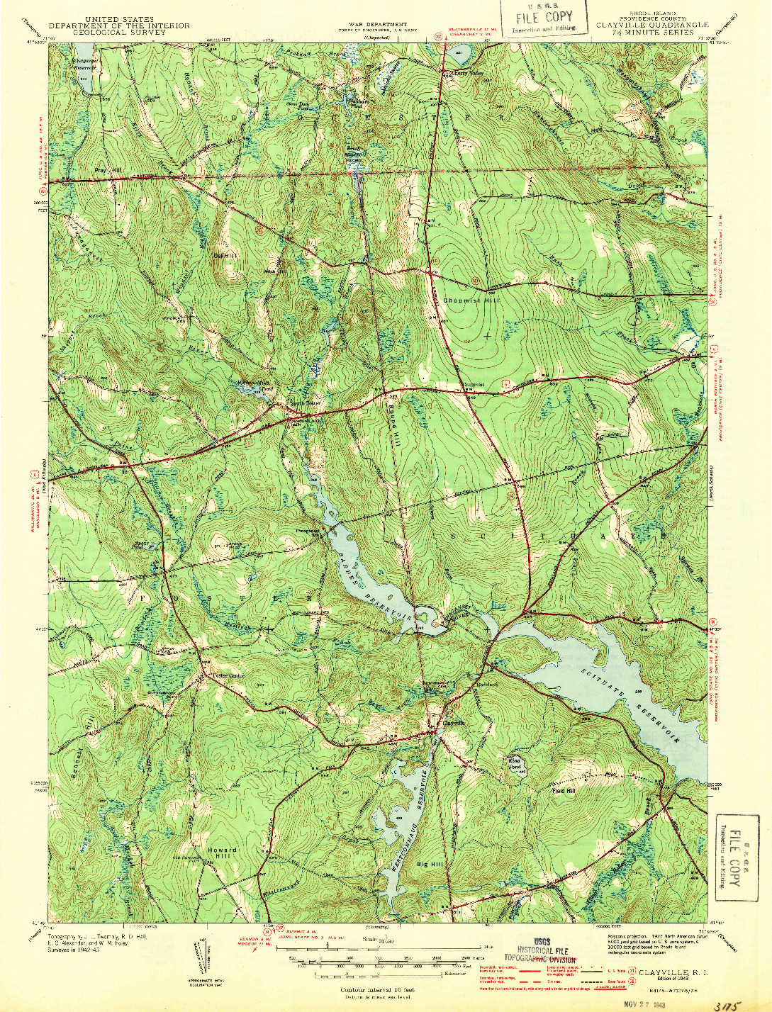 USGS 1:31680-SCALE QUADRANGLE FOR CLAYVILLE, RI 1943